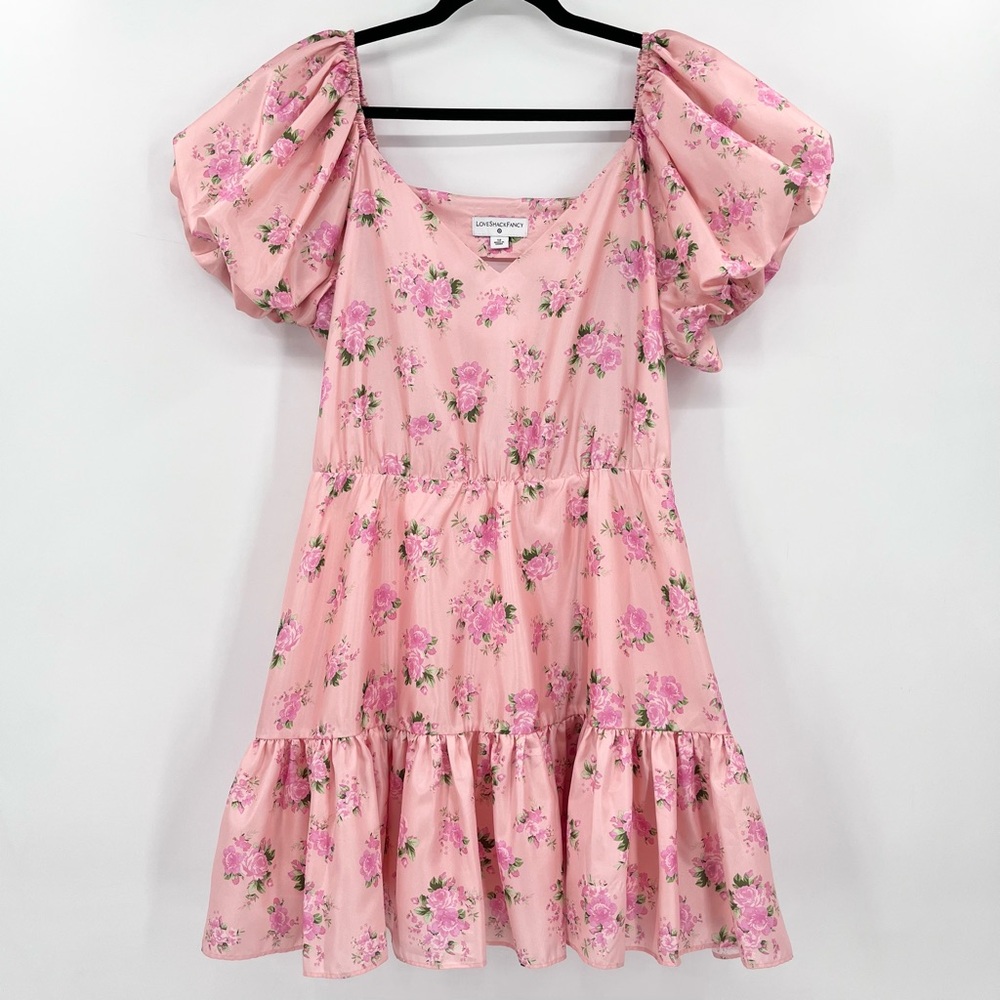 LoveShackFancy x Target Cecile Puff Sleeve Pink Satin Floral Mini Dress Size 12 - Picture 2 of 11